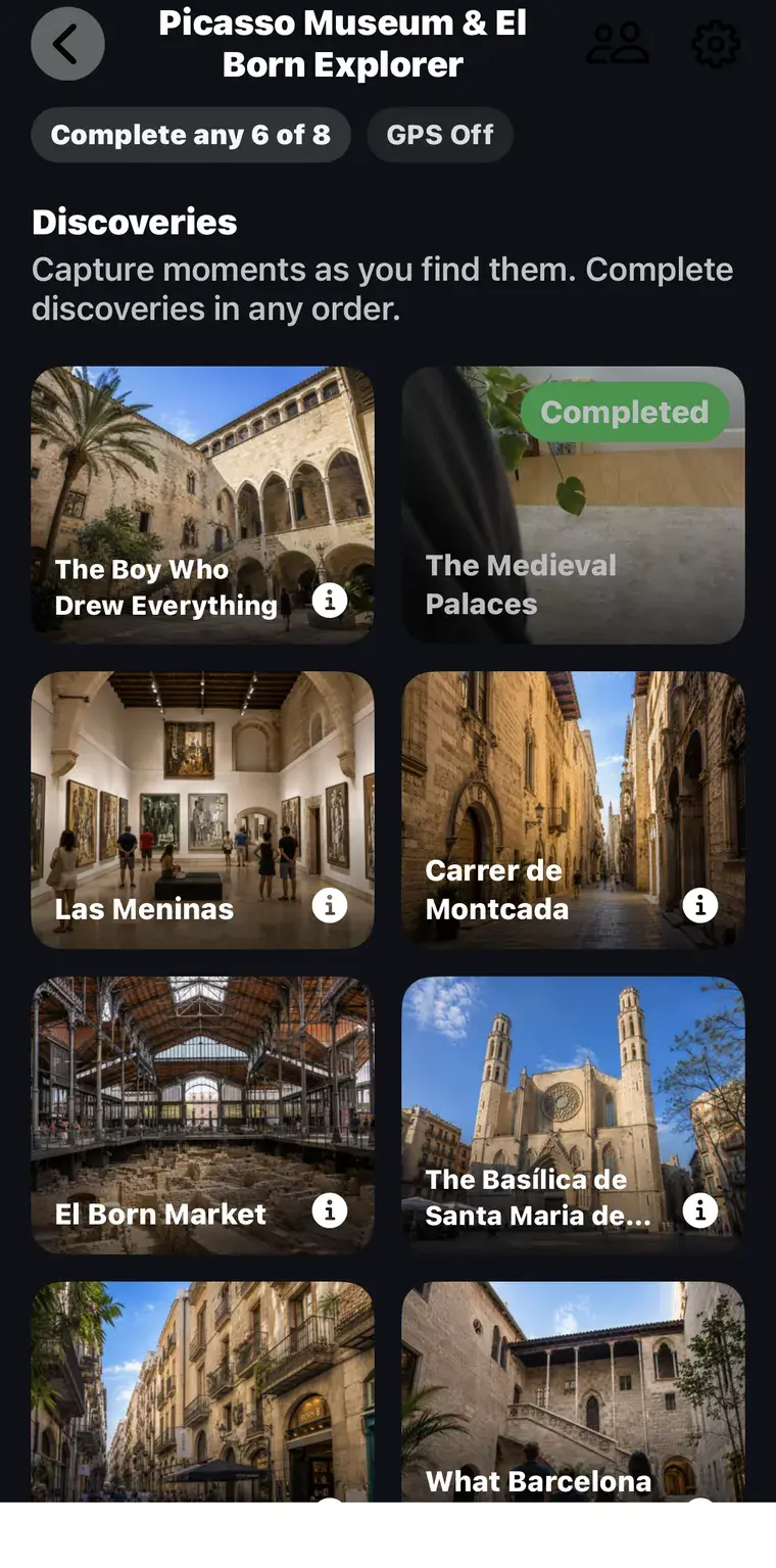 The Adventure Quest app showing the Picasso Museum & El Born Explorer mission board: “Complete any 6 of 8” above a grid of photo missions, one of them already marked Completed.