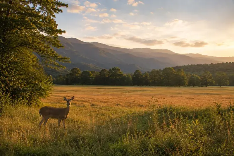 Adventure Quest artwork for the “Open Meadow, Wild Eyes” mission in Cades Cove Loop.