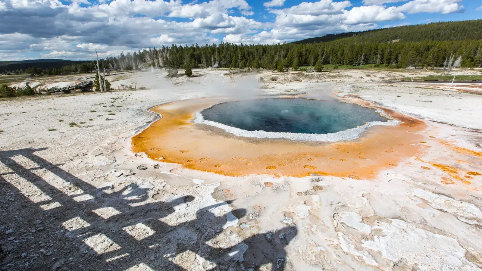 Crested Pool in the Upper Geyser Basin, with boardwalk shadows across the sinter. U.S. National Park Service photograph.