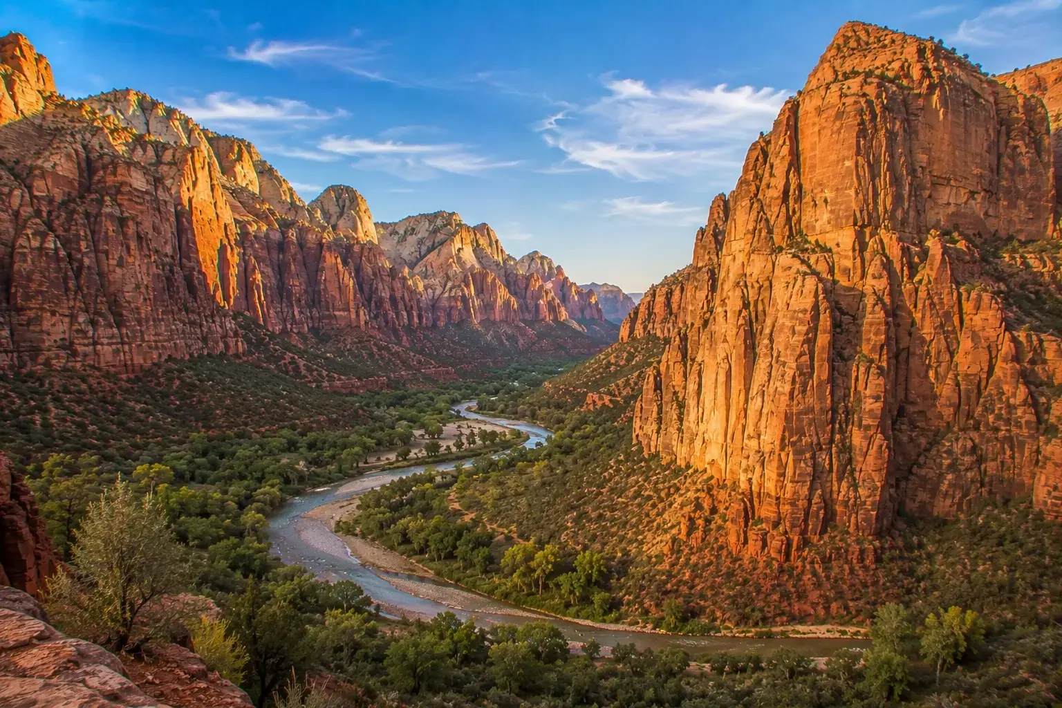 Adventure Quest artwork from the Zion collection: the Virgin River curving below sunlit red-rock canyon walls.