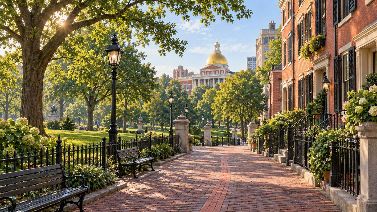 AI-generated illustration inspired by Boston's Freedom Trail: a red brick path with a painted red line beside Boston Common, gas lamps and brick row houses, with the State House's golden dome ahead.