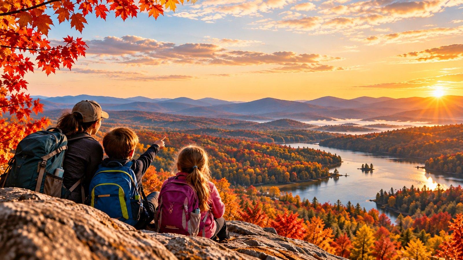 A parent and two children sit on a rock ledge above a lake in autumn, one child pointing out across forested ridges turning red and orange, with the sun low on the horizon.