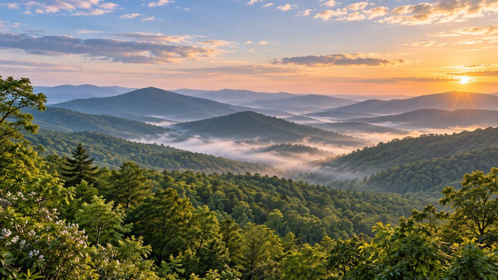 AI-generated illustration inspired by the Great Smoky Mountains: sunrise over forested ridges, morning fog in the valleys, mountain laurel in the foreground.
