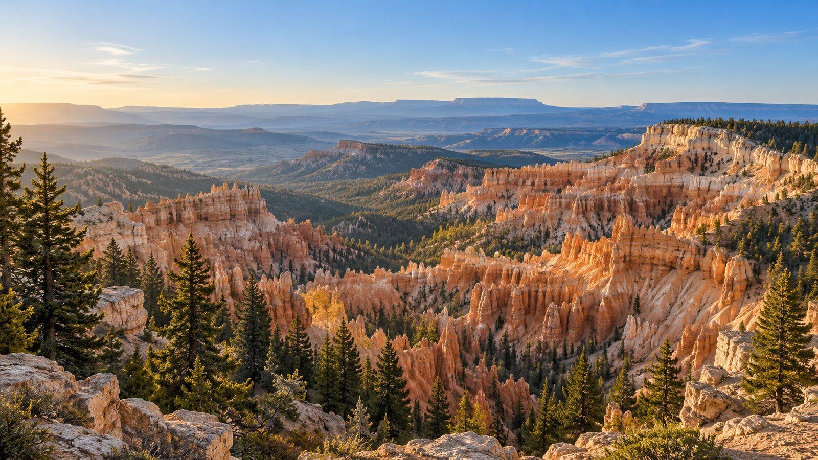 AI-generated illustration inspired by Southern Utah's national parks: red-rock hoodoos and pine forest under a clear morning sky.