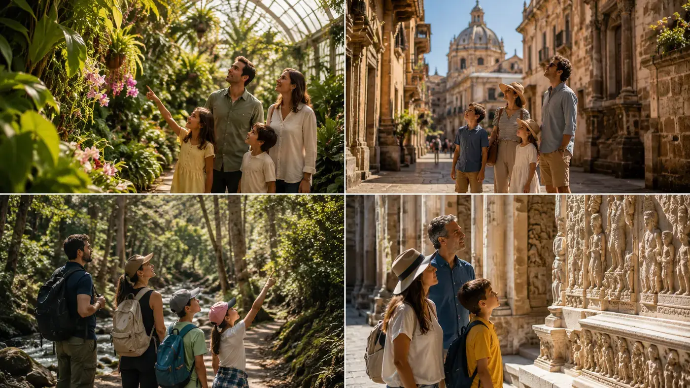 Four scenes of people noticing details in different places: a glasshouse of orchids, a sunlit European street, a forest trail, and carved stonework on a cathedral facade.