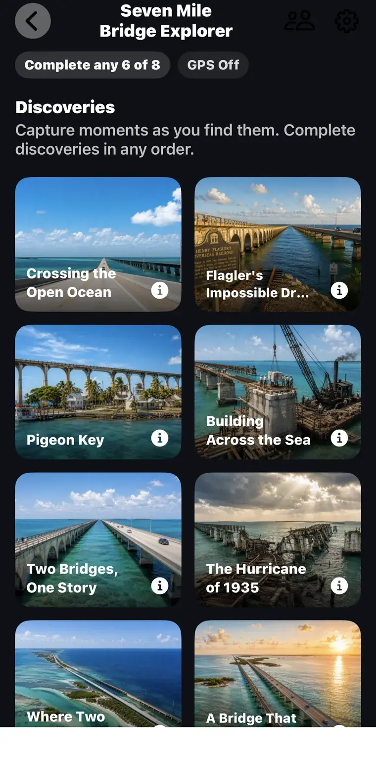The Adventure Quest app showing the Seven Mile Bridge Explorer collection: a grid of photographed discoveries including Pigeon Key and The Hurricane of 1935.