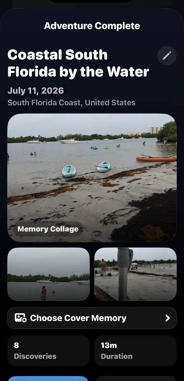 The Adventure Quest app showing a finished adventure recap.