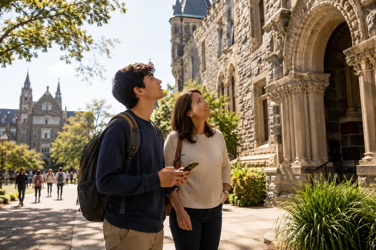 A student and a parent stand outside a stone university building looking up at its entrance arch, one of them holding a phone.