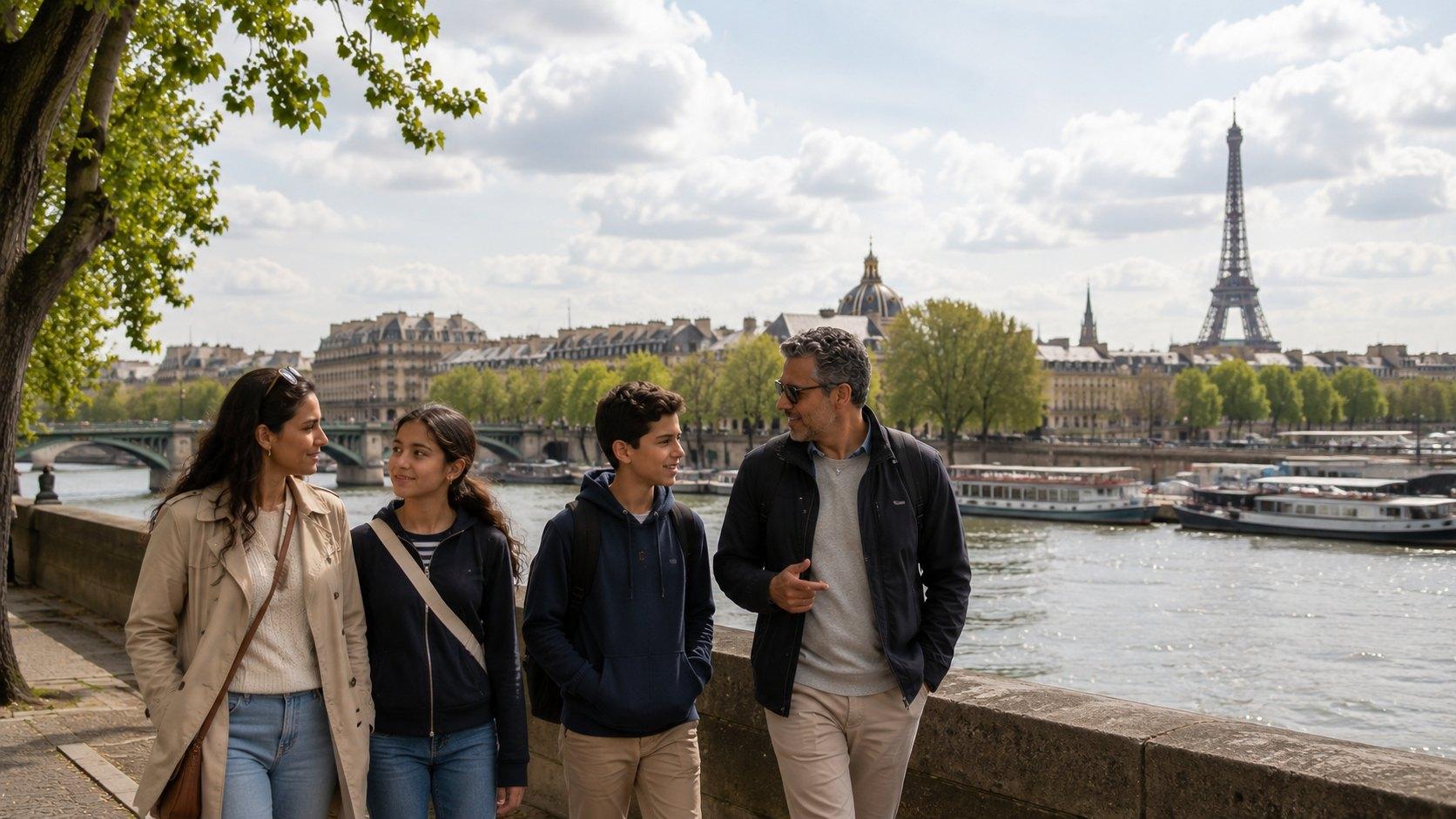 Four people of different ages walking together along the Seine in spring, the Eiffel Tower and the dome of the Institut de France behind them.
