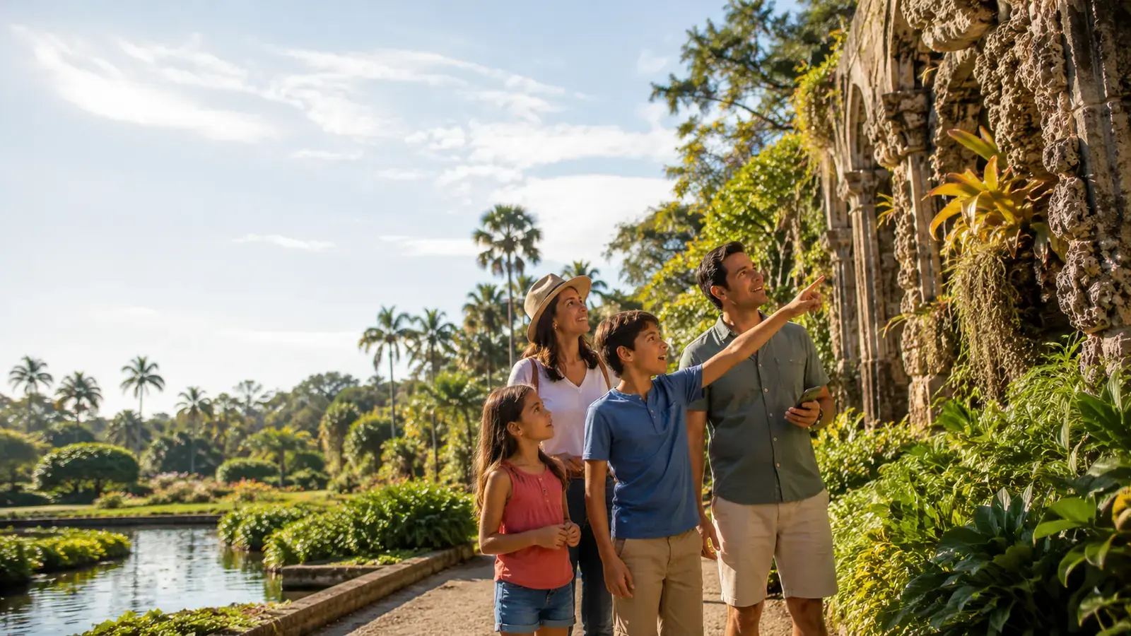 A family walking a garden path pauses while one of them points up at carved stonework on a historic building, palms and a reflecting pool behind them.