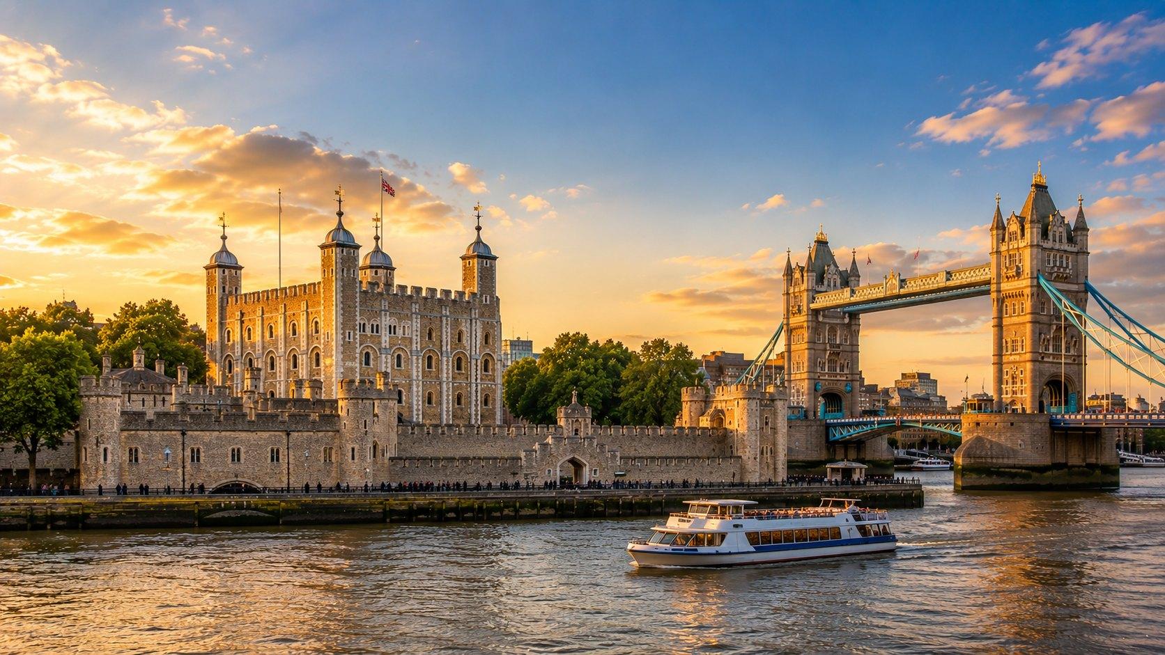 The Tower of London and Tower Bridge in late afternoon light, with a boat passing on the Thames.